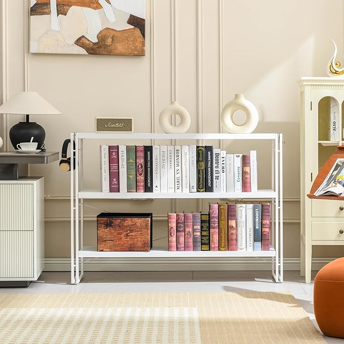 HCHQHS Bookshelf, 3-Tier Industrial Bookcase, White Open Book Shelf, Freestanding Horizontal Bookshelves with Metal Frame