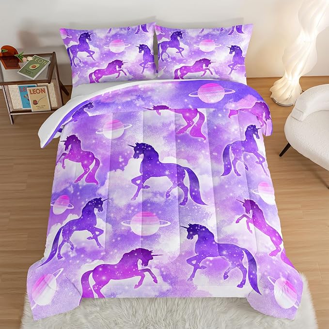 HOSIMA Purple Unicorn Bedding Sets for Girls Kids,3 Piece Soft Microfiber Galaxy Comforter Princess Crib Bedding Set Unicorn Bedroom Decor for Girls Room,Planet Cloud Full Size Bed in a Bag.