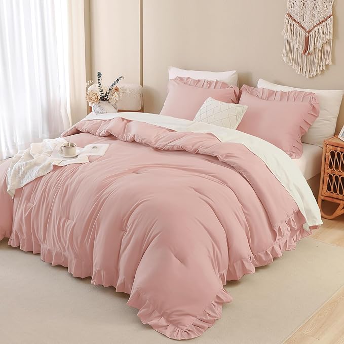 Andency Blush Pink Ruffle Comforter Full, 3 Pieces Rustic Farmhouse Shabby Chic Comforter Set, Vintage Lightweight Soft Microfiber Down Alternative Bedding Comforter Set