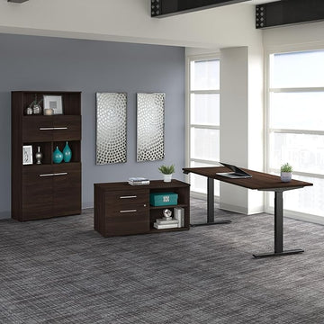 Bush Business Furniture Office 500 Height Adjustable Standing Desk with Storage and Bookcase, 72W, Black Walnut
