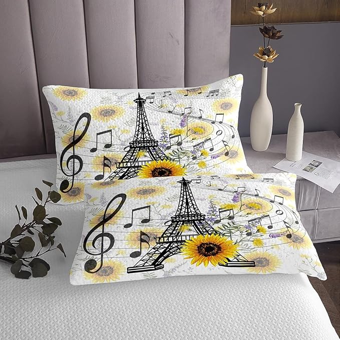 Feelyou Eiffel Tower Kids Comforter Set Cute Sunflower Comforter for Boys Children Teens Bedroom Decor Paris Tower Bedding Set Floral Music Themed Duvet Set King Size with 2 Pillow Case