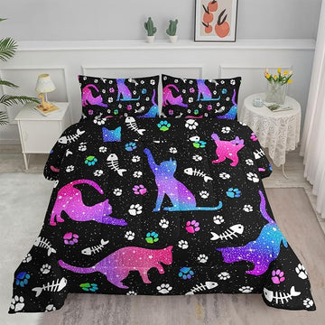 Cute Cat Comforter Kids Bedding Set Twin,3Pcs Soft Paw Fish Bone Print Quilt Set Bed in A Bag with 1 Comforter 2 Pillowcases for Kids Boys Girls Teens Adults Room Decor All Season Gradient Purple Blue