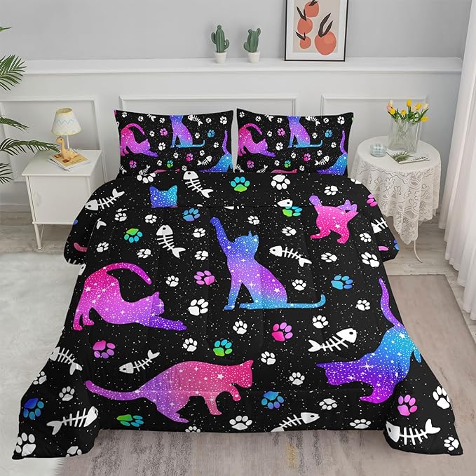 Cute Cat Comforter Kids Bedding Set Queen,3Pcs Soft Paw Fish Bone Print Quilt Set Bed in A Bag with 1 Comforter 2 Pillowcases for Kids Boy Girls Teens Adults Room Decor All Season Gradient Purple Blue