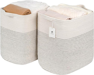 Cloth Large Blanket Basket,Storage Basket Bins Rectangle Small Woven Baskets for Storage, Nursery Cotton Rope Basket Living Room, Toy Basket For Organizing, Clothes Laundry Baskets set of 2