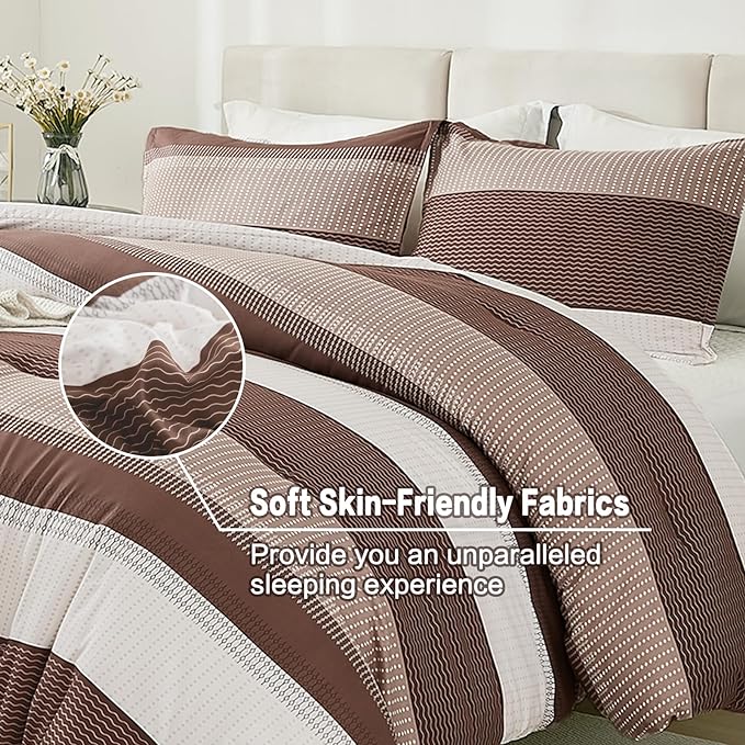 Litanika Brown Comforter Set Full - 3 Pieces Lightweight Brown White Colorblock Stripe Fluffy Bedding Comforter Sets, All Season Bed Set