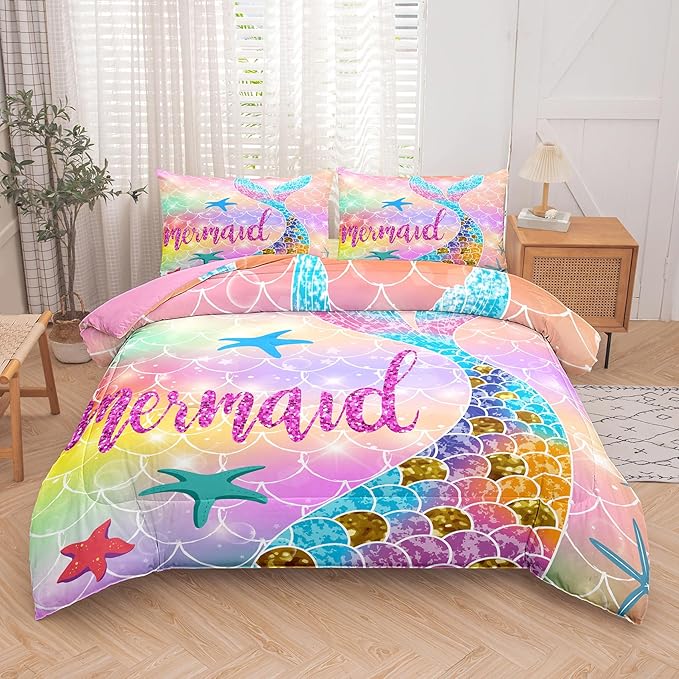 NINENINE Mermaid Bedding Sets 5PCS Twin Size Comforter Sets for Girls, Glitter Bedding Set Toddler Comforter Sets for Girls (1Comforter, 1Flat Sheet, 1Fitted Sheet, 2Pillowcases)