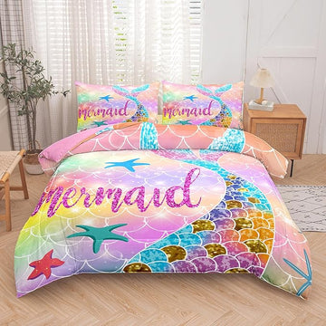 NINENINE Mermaid Comforter Set,Queen Size Princess Bedding Sets for Girls,Glitter Comforter Sets for Girls,Kids Colorful Fish Bedding Sets with 1 Comforter 2Pillowcases…