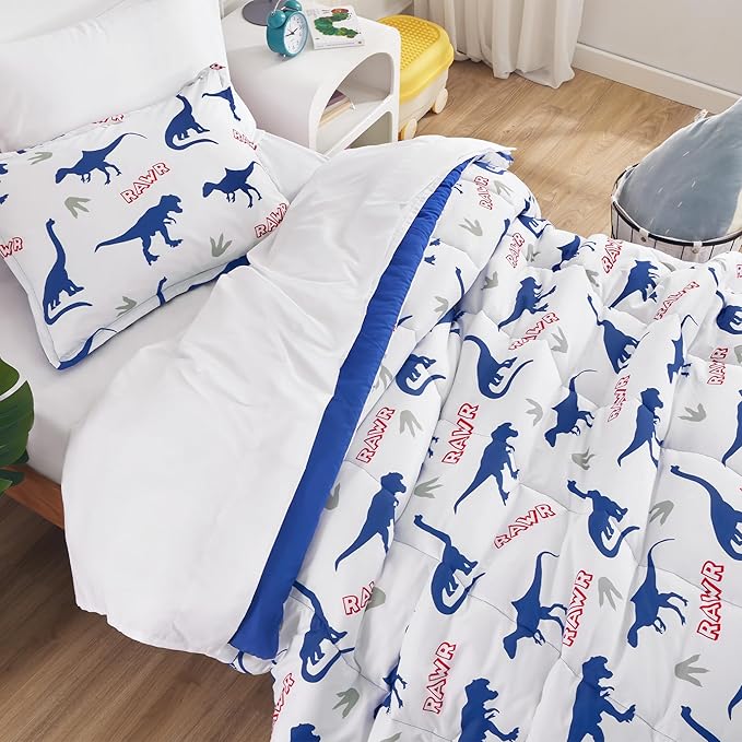 SLEEP ZONE Cartoon Dinosaur Comforter Set, Dark Blue Kids Bedding Set for Boys, Dinosaurs Print Comforter, Sheet, Pillowcase & Sham (Dinosaur Footprints, Twin)