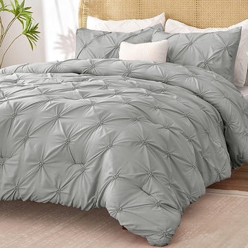 BEDELITE Grey King Size Comforter Set - 3 Pieces Boho Pintuck Bedding Comforter Sets, Lightweight Soft & Warm King Bedding Set with 2 Pillowcases for All Season