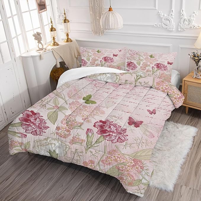 kxry Pink Flower Comforter Sets Butterfly Bedding Sets Twin Size Comforter Set for Girls Women Kids 1 Comforter + 1 Pillow Case