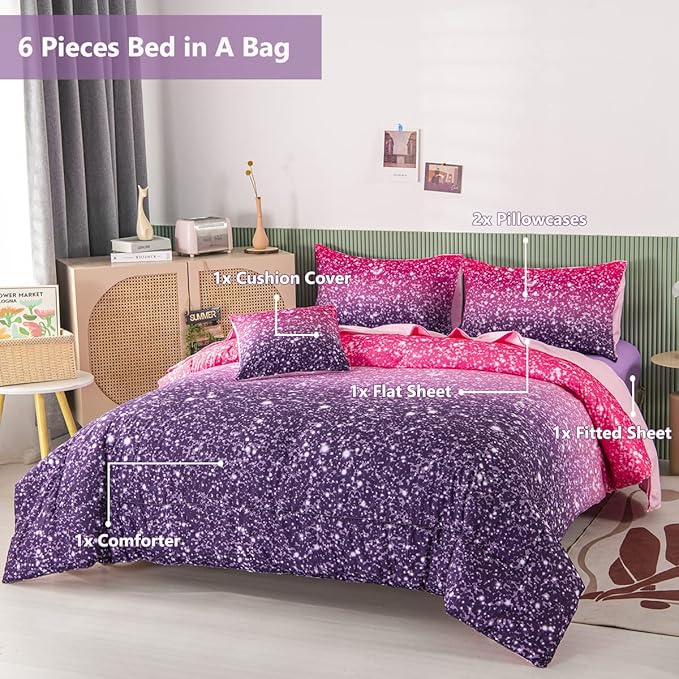 PERFEMET 6Pcs Queen Comforter Set with Sheets, Purple Glitter Tie Dye Girls Bedding Sets, Colorful Ombre Gradient Bed in A Bag, Soft Fluffy Teen Girl Bed Set for Bedroom Decor