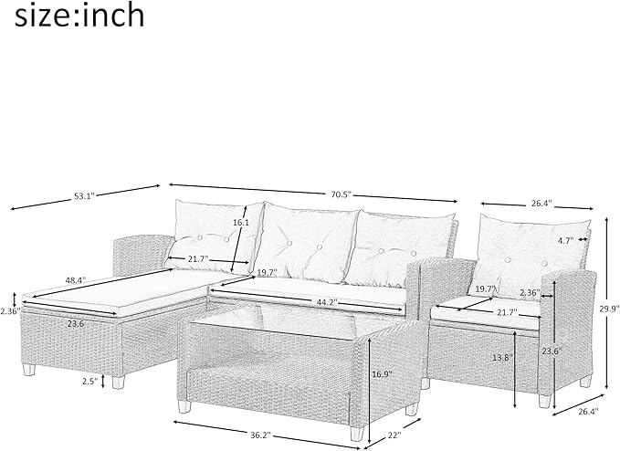 4 Piece Outdoor Patio Furniture Set, Sectional Conversation All-Weather Grey PE Wicker w/Seat Cushions for Backyard Porch Garden Poolside Balcony, Onesize, Oc-Gray