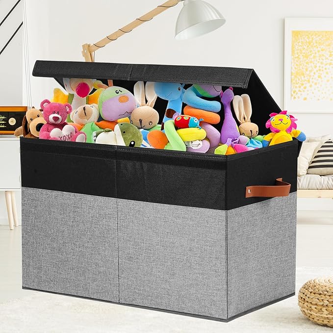 Large Toy Storage Box with Lid, Sturdy Toys Storage Chest Bin Organizer Basket with Dividers for Kids, Boys, Girls, Nursery, Closet, Bedroom, Playroom 25"x13" x16" (Black and Grey)