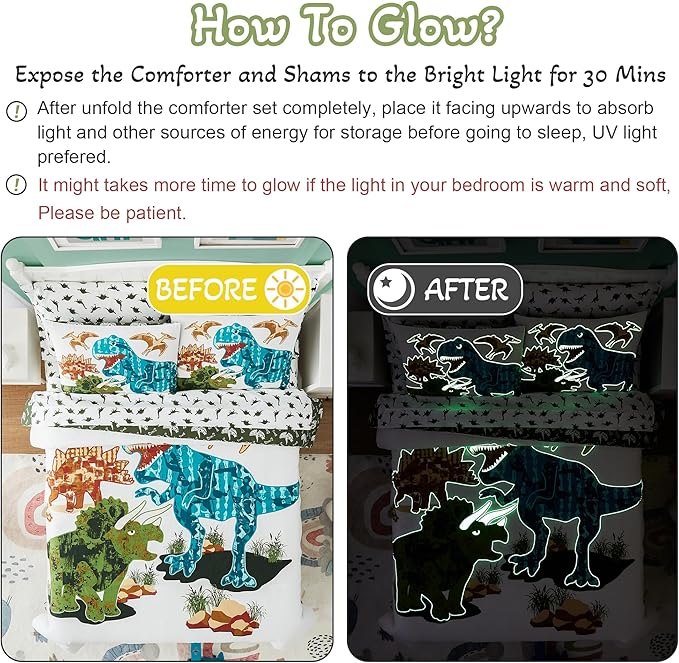 KALEIDOSPACE Gilrs Boys Full Size Bedding Set, 7 Piece Glow in The Dark Dinosaur Bed in A Bag-1 Comforter,2 Pillow Shams, 2 Pillowcases, 1 Flat Sheet, 1 Fitted Sheet