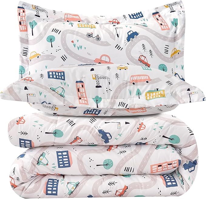 JSD Car Kids Printed Comforter Set for Boys Girls, 3 Pieces Queen Microfiber Comforter with Pillow Sham, Soft Comfortable Machine Washable