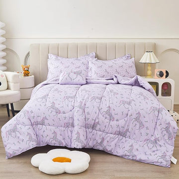 Mooreeke Full Size Comforter Sets for Girls Kids, 8 Pieces Bed in a Bag Purple Floral Unicorn Bedding Comforter Sheet Set with Shams and Decorative Toy Pillow, Ultral Soft Microfiber Kids Bed Set