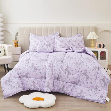 Mooreeke Twin Size Comforter Sets for Girls Kids, 6 Pieces Bed in a Bag Purple Floral Unicorn Bedding Comforter Sheet Set with Shams and Decorative Toy Pillow, Ultral Soft Microfiber Kids Bed Set