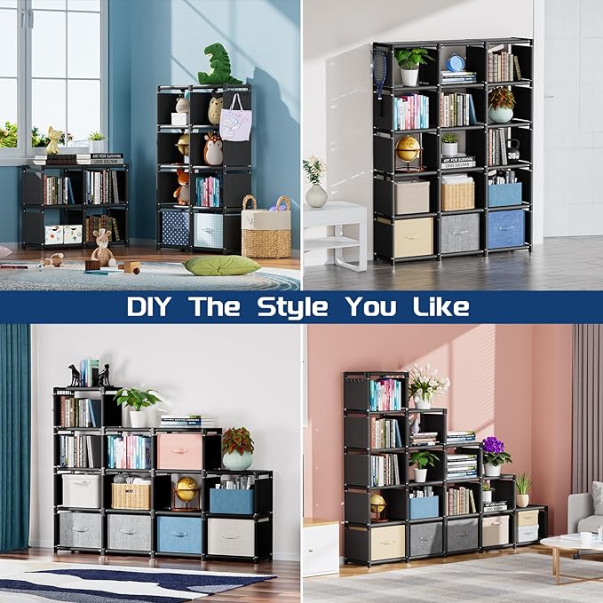 Mavivegue Bookshelf,15 Cube Storage Organizer,Book Shelf Organizer,Tall Bookcase Shelf,Book Cases/Shelves,Black Cube Shelf,Cubbies Closet Storage Organizer Shelves for Bedroom,Living Room,Home,Office