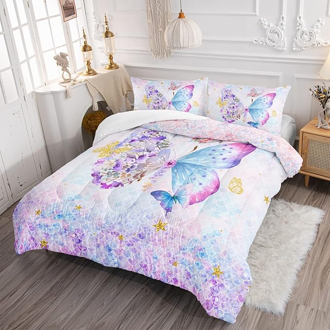 Axolotl Butterfly Bedding Full,Rainbow Butterfly Comforter Set for Girls Teens,Butterfly Bedding for Girls with Golden Star Scales Pattern,Butterfly Printed Quilt Set with 1 Comforter 2 Pillowcases