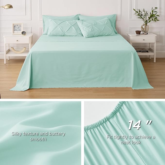 Bedsure Mint Green Comforter Set Queen - Bed in a Bag Queen 7 Pieces, Pintuck Beddding Sets Green Bed Set with Comforter, Sheets, Pillowcases & Shams