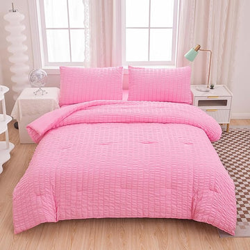 Pink Comforter Sets King Size, Pink Seersucker Bedding Set 3-Pieces Bed in a Bag Microfiber Lightweight Comforter All Season Bedding Sets with 2 Pillowcases