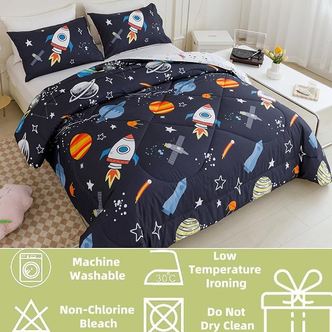 RYNGHIPY Kids Comforter Set Full Size, Cute Space Rocket Bedding Set for Boys Girls, Space Themed Teen Boy Bedding (Space Rocket,Full)