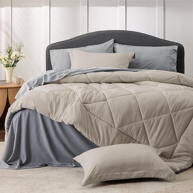 Bedsure Beige Comforter Set - 7 Pieces Reversible Bed in a Bag with Comforters, Sheets, Pillowcases & Shams, Bedding Sets