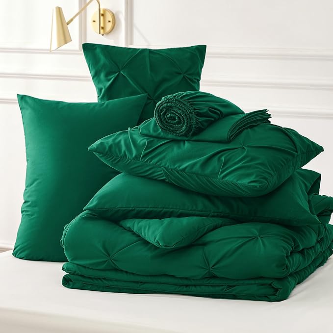 Bedsure King Size Comforter Set - Bedding Set King 7 Pieces, Pintuck Bed in a Bag Dark Green Bed Set with Comforter, Sheets, Pillowcases & Shams
