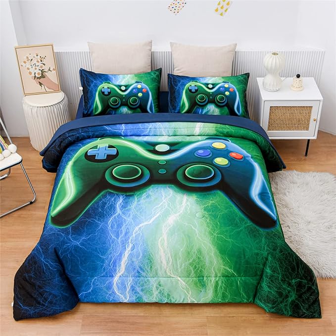 Meeting Story Gamer Gaming Bedding Sets Red Blue Lightnings Gamepad Comforter Set for Boys Games Console Action Buttons Novelty Colorful Modern Room Decor Home Quilt Set (Blue-Green, Full 5Pcs)