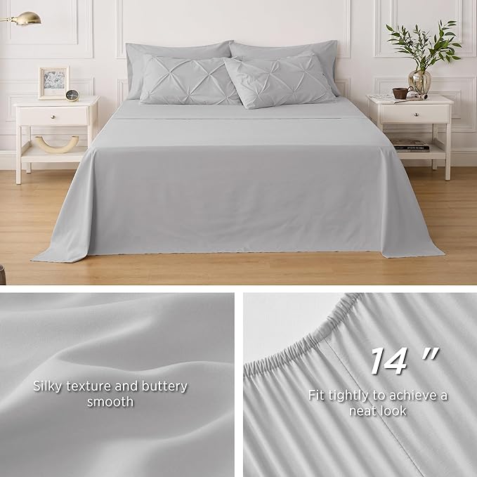Bedsure Light Grey King Size Comforter Set - Bedding Set King 7 Pieces, Pintuck Bed in a Bag Green Bed Set with Comforter, Sheets, Pillowcases & Shams