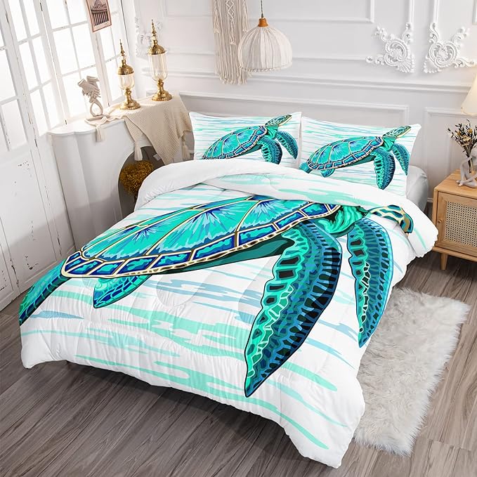 CVHOUSE Sea Turtle Bedding Set,Sea Turtle Comforter Queen,Ocean Bohemia Comforter Set for Boys Kids Girls,Ocean Quilt Set with 1 Comforter and 2 Pillow Cases