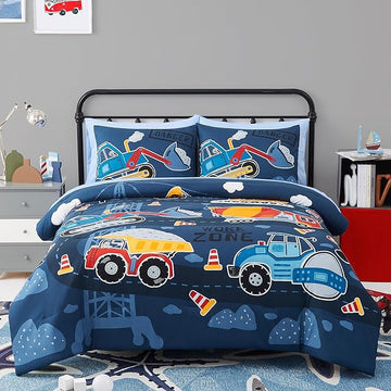 Truck Tractor Excavator Full Size Comforter Sets - Bedding Sets Full 7 Pieces for Boys, Glow in The Dark Bed in A Bag Full Size for Kids, Teens