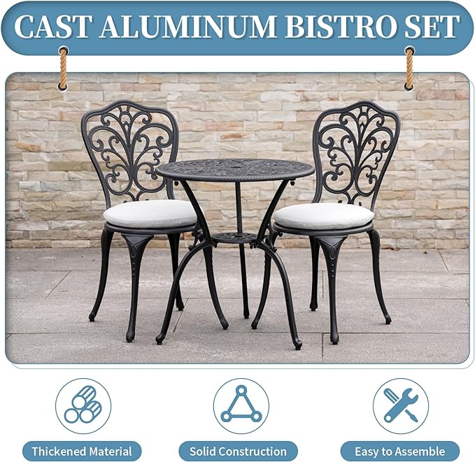 3 Piece Bistro Patio Set Cast Aluminum Bistro Table and Chairs Set of 2 with Cushion,Outdoor Bistro Table Set with Umbrella Hole,Metal Patio Furniture Set for Garden,Black