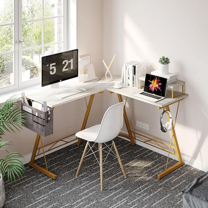 Casaottima L Shaped Gaming Desk, Home Office Desk with Round Corner, Computer Desk with Large Monitor Stand Desk Workstation