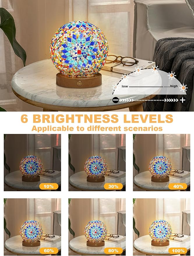 Turkish Table lamp,Bedside Lamps with Wooden Base,Bohemian Tiffany Style Bedroom Lamps,Mosaic Glass Retro Home Decor,Moroccan Lantern for Living Room,Office,Halloween Decorations(Blue)