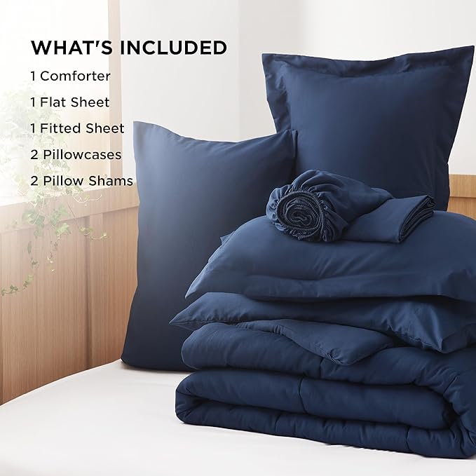 Bedsure Navy Full Comforter Set - 7 Pieces Solid Full Bed in a Bag, Full Bed Set Navy with Quilted Warm Fluffy Comforters, Sheets, Pillowcases & Shams