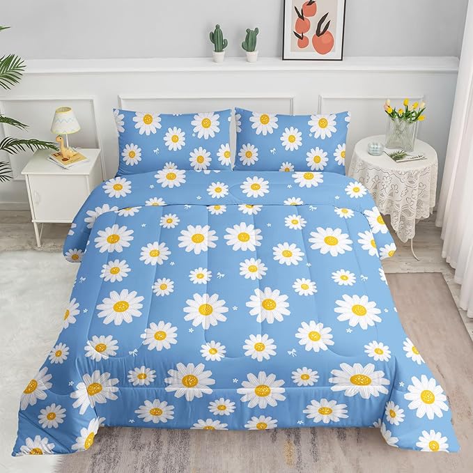 Datura home Flower Comforter Set Blue Daisy Floral Printed Pattern Quilt Bedding with 1 and 2 Pillowcases for Girls Women Bedroom All Season(Blue Full) Full 80x90inches
