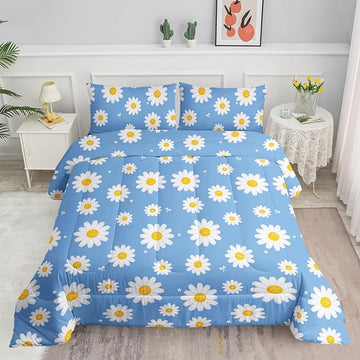 Datura home Flower Comforter Set Blue Daisy Floral Printed Pattern Quilt Bedding with 1 and 2 Pillowcases for Girls Women Bedroom All Season(Blue Twin) Twin 68x86inches
