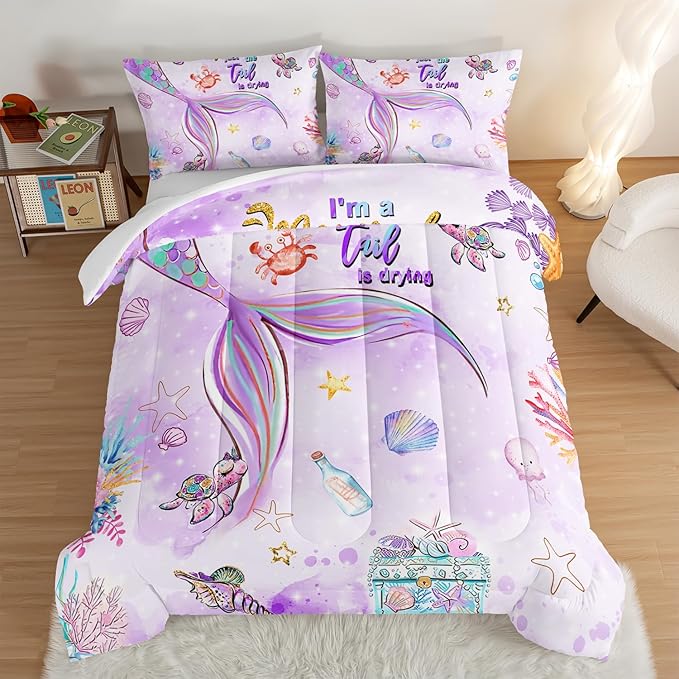 HOSIMA Kids Mermaid Comforter Set with 2 Pillowcases,Watercolor Ocean Life Sea Animal Mermaid Tail Pattern Bedding Set,Light Purpl Queen Comforter Set for Teens Girls Women Bedroom Decor.