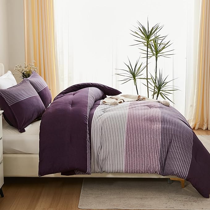 Litanika Purple Full Comforter Set, 3 Pieces Striped Bedding Set, Lightweight Soft All Season Down Alternative Comforter Set with Corner Loops (1 Gray&Purple Comforter, 2 Pillowcases)