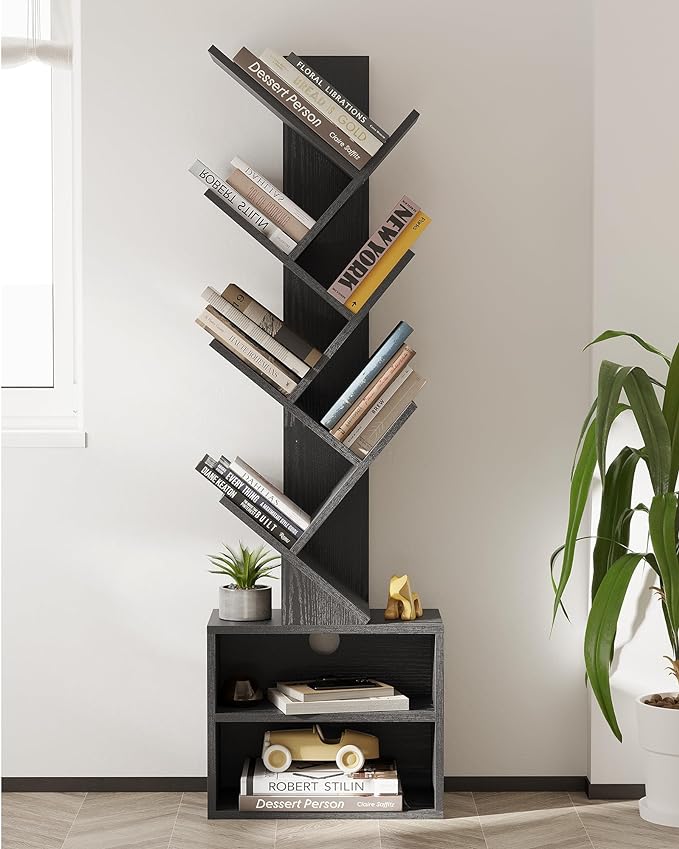 SUNMORY 6 Tier Tree Bookshelf, Small Bookcase with Storage Cabinet, Modern Narrow Bookshelves Organizer, Floor Standing Book Shelf for Bedroom/Living Room/Home Office/Corner, Black