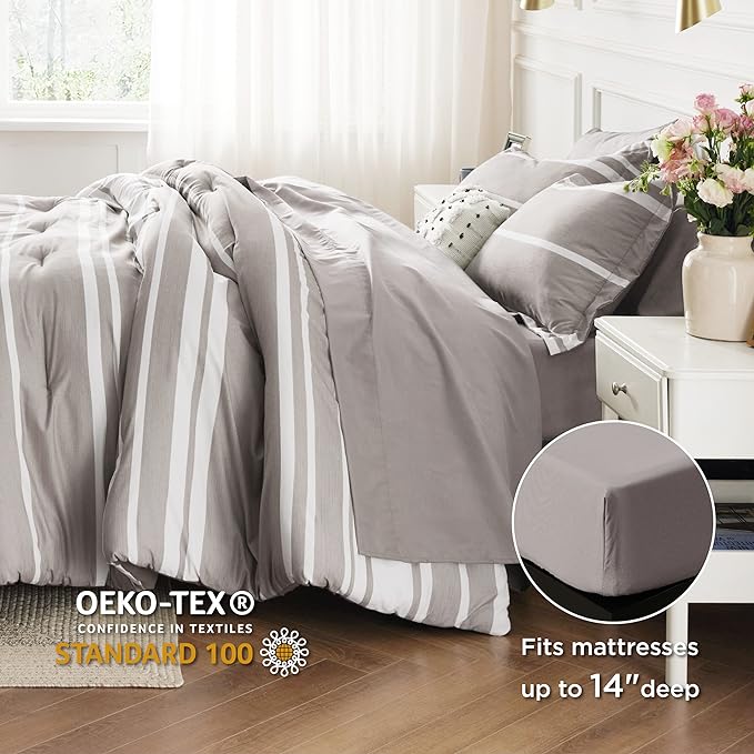 Bedsure California King Comforter Set 7 Pieces, Warm Taupe White Striped Bedding Comforter Sets All Season Bed Set, 2 Pillow Shams, Flat Sheet, Fitted Sheet and 2 Pillowcases