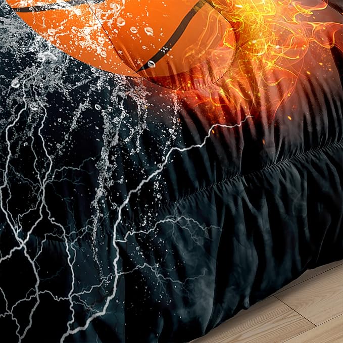 Basketball Comforter Set Twin, Sports Basketball Bedding for Boys Kids Teens Bedroom Orange Basketball Ice Fire Twin Size Comforter Set for Boys 2 Pieces(1 Comforter 1 Pillowcase)