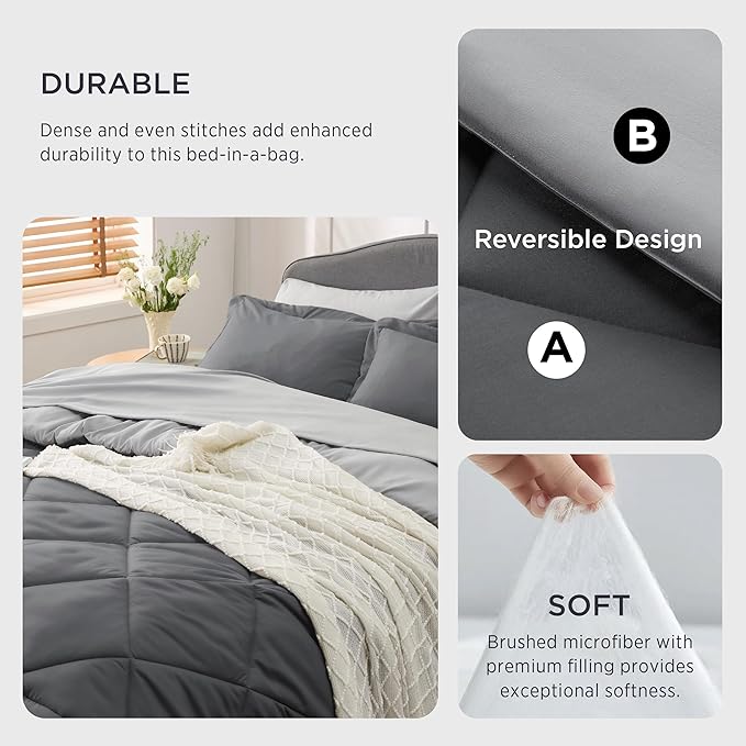 Bedsure Dark Grey Queen Comforter Set - 7 Pieces Reversible Queen Bed in a Bag, Queen Bed Set Dark Grey with Comforters, Sheets, Pillowcases & Shams
