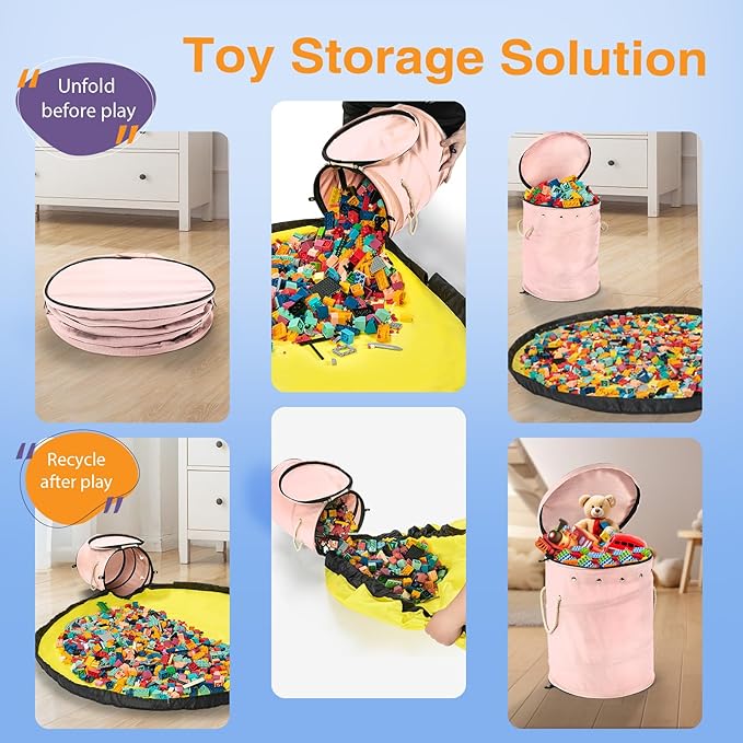 Toy Storage Basket + Play Mat for Kids Toy Chest Organizer Kids Toy Storage Organizer Foldable Big Storage Bins with Lids Large Toy Box for Boys Girls Toy Holders for Kids Rooms Nursery(Pink)