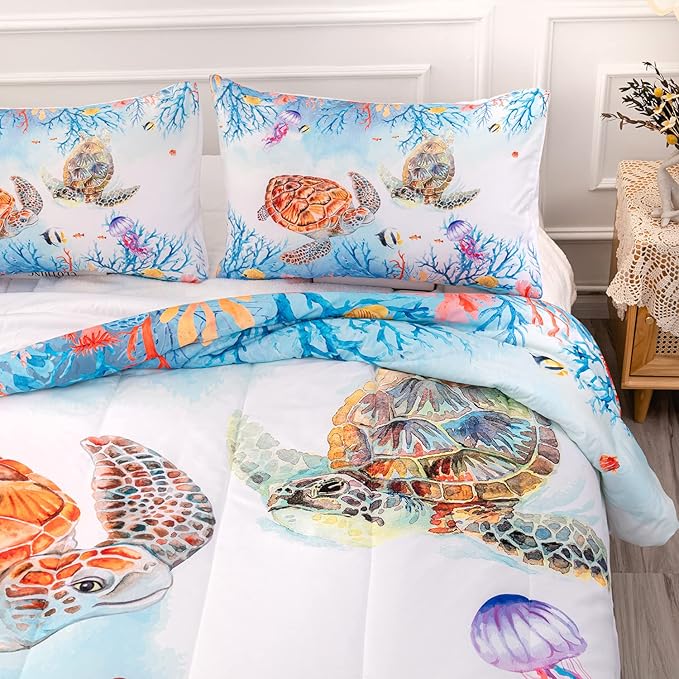 CVHOUSE Sea Turtle Comforter Set,Ocean Watercolor Sea Turtle Bedding Set for Kids Teens,Ocean Sea Turtle Comforter Sea Turtle Duvet Set Room Decor Quilt Set Queen Size
