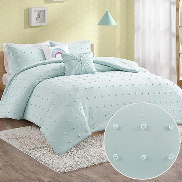Callie Cotton Jacquard Weave Colorful Pom Pom Kids Comforter sets, Down Alternative Shabby Chic All Season Girls Bedding, Bedroom Decor, Full/Queen,Aqua 5 Piece