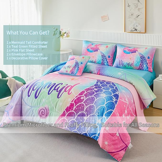 RYNGHIPY Mermaid Twin Girls Bedding Set, Colorful Rainbow Kids Girls Comforter Set with Sheets Soft and Lightweight, 6 Pieces Teen Girls Bed in a Bag