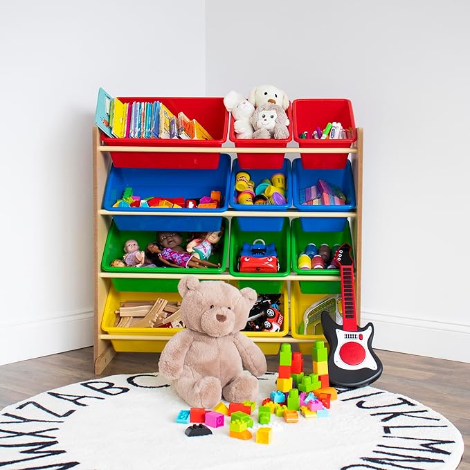 Humble Crew, Natural/Primary Kids' Toy Storage Organizer with 12 Plastic Bins, 34*35*15.5inch