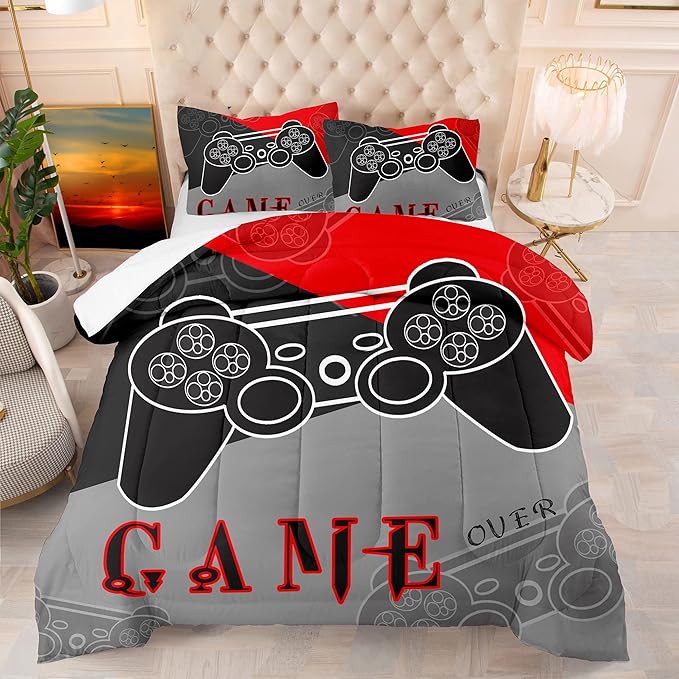 Gaming Bedding Sets for Boys Bedroom Video Gamer Comforter Set Full Size Black Red Game Controller Beddings for Kids Teens 1 Comforter and 2 Pillowcases